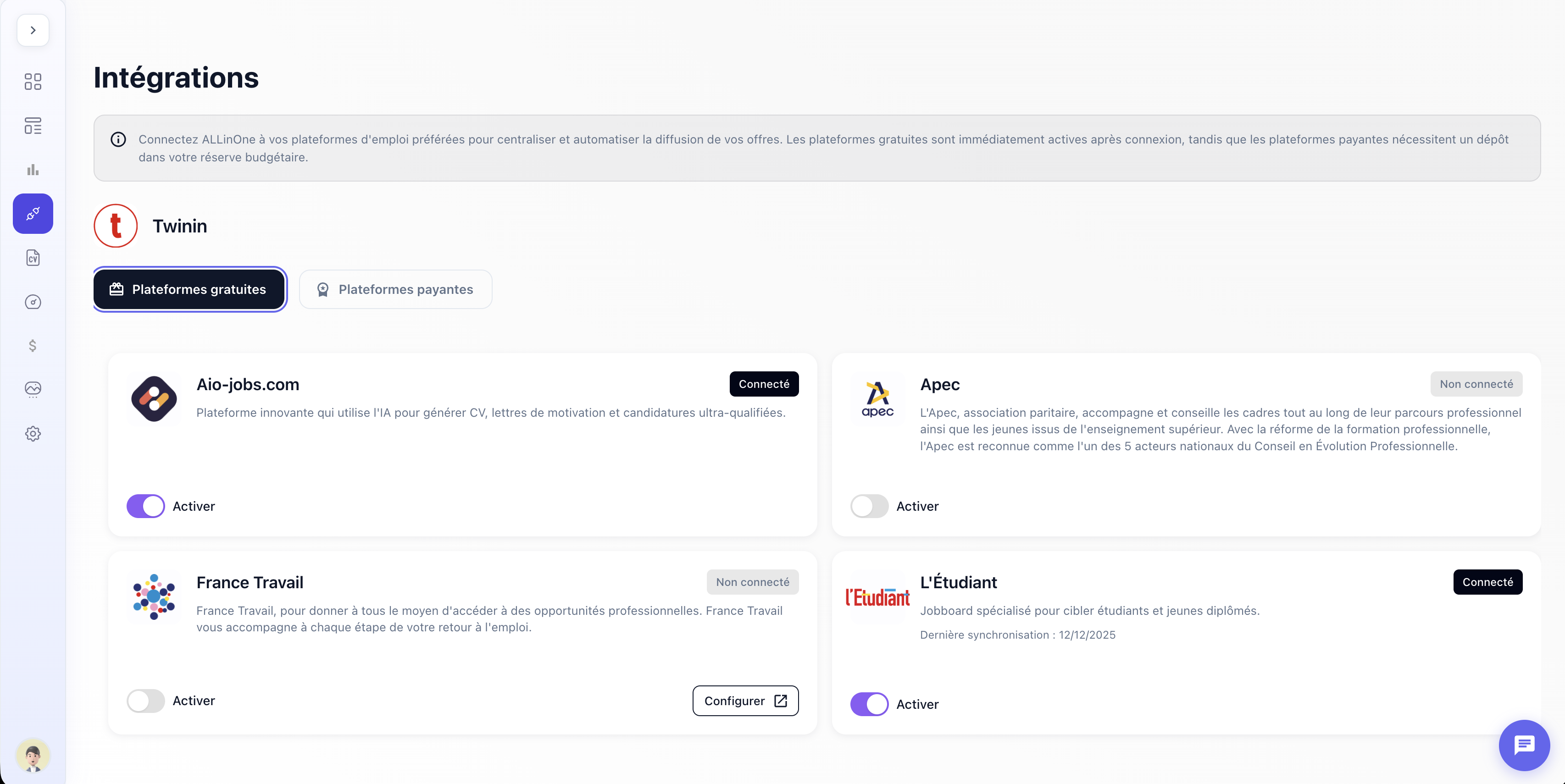 Interface ALLinOne : configuration des connexions aux plateformes d’emploi